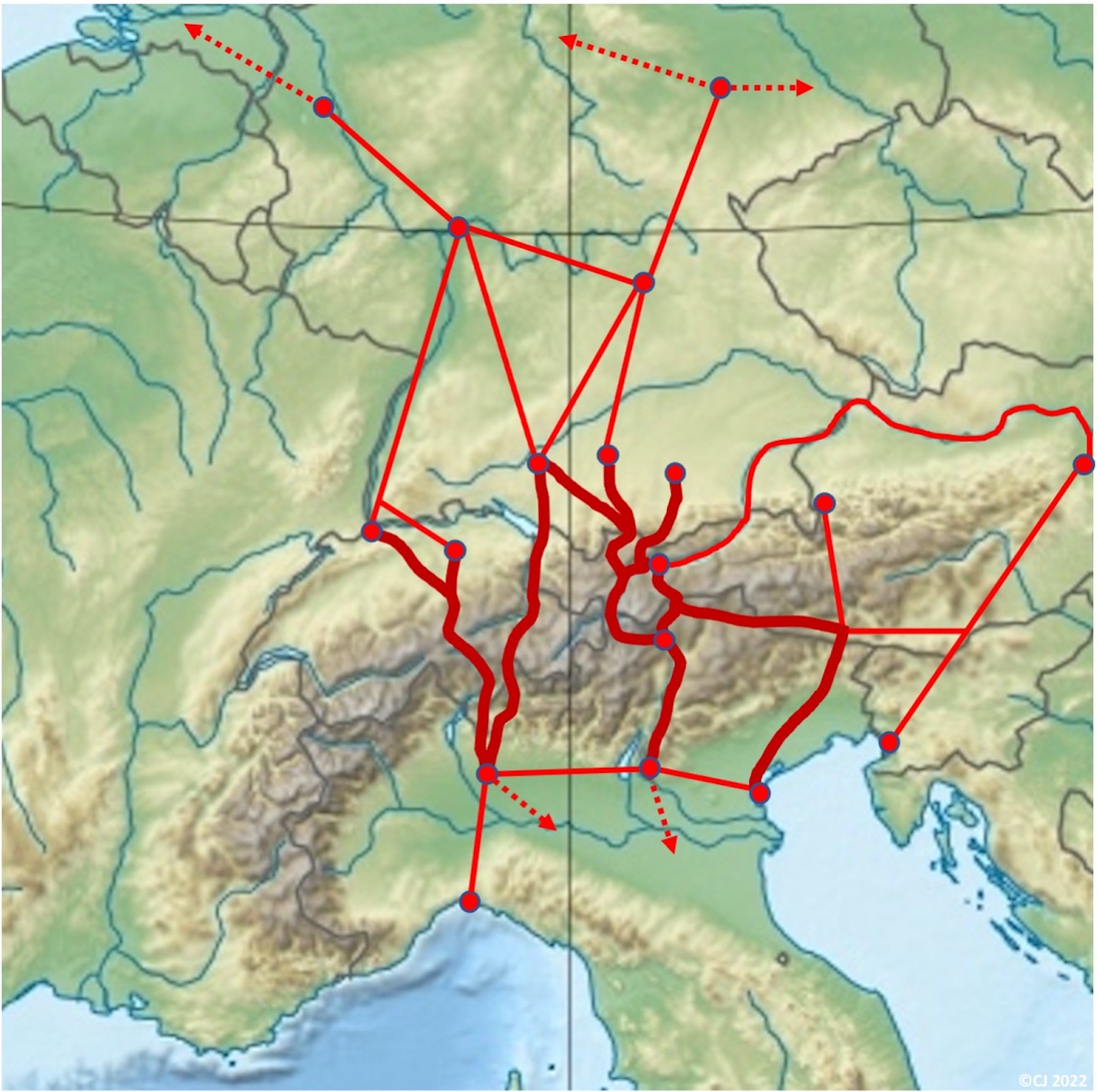 Central and Eastern transalpine trade routes, map created by Christof Jeggle based on the “Europe relief laea location map”, made with Natural Earth