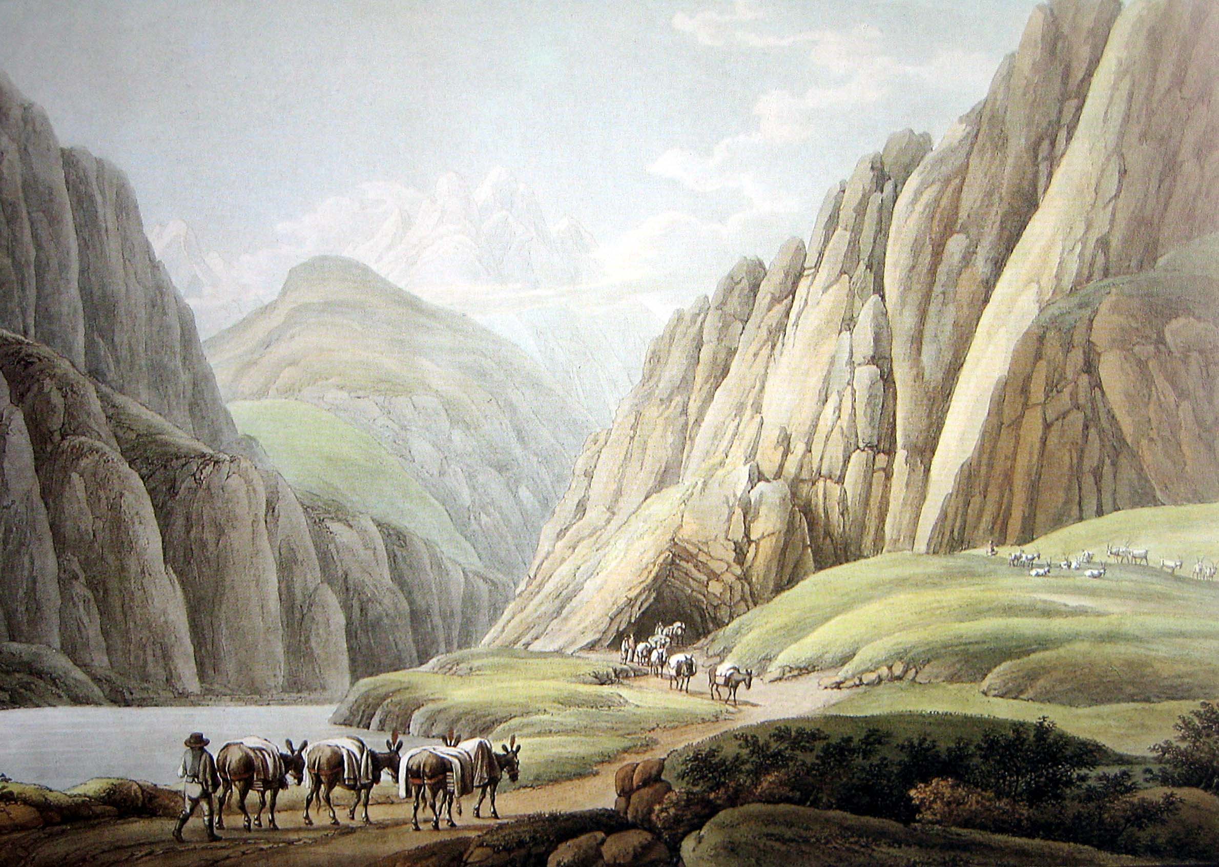 Image of Mule packers at the Urnerloch, 1790, coloured engraving by Wilhelm Rothe (1783–1845) after Johann Gottfried Jentsch (1759–1826), public domain